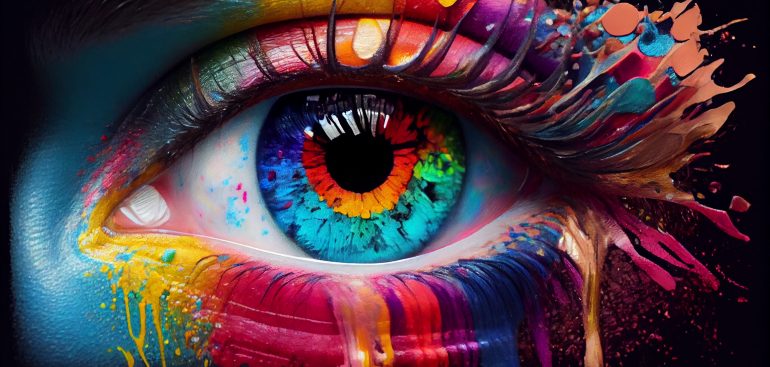 Multi colored creativity in close up human eye generated by artificial intelligence